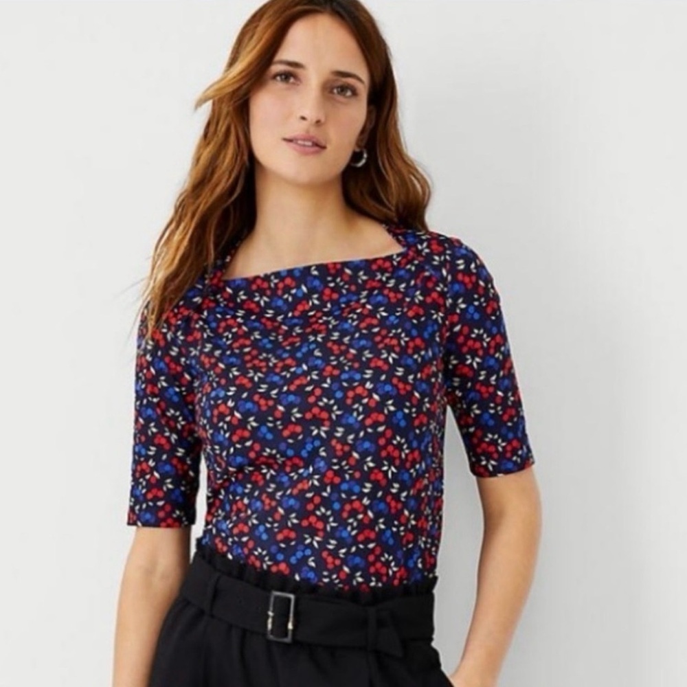 Ann Taylor Envelope Neck Blouse Cherries Stretch. I
